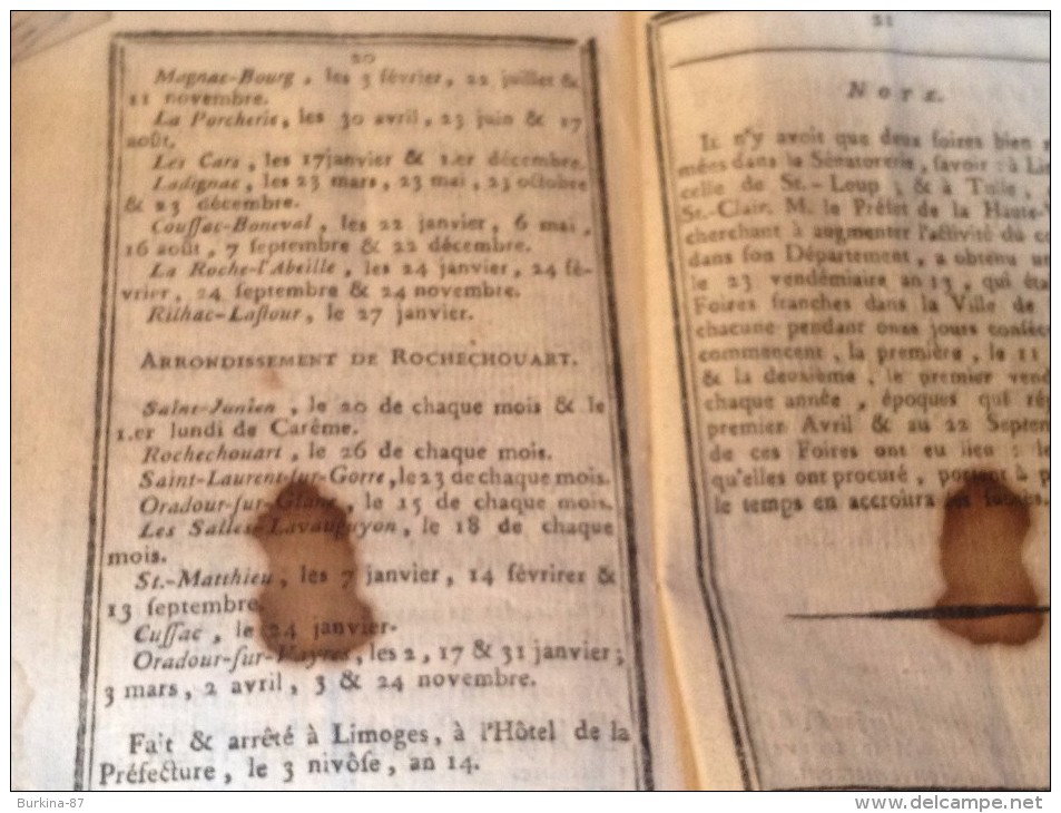 Almanach nouveau, calendrier , 1806, format  10X12 , LIMOGES  et Hte Vienne