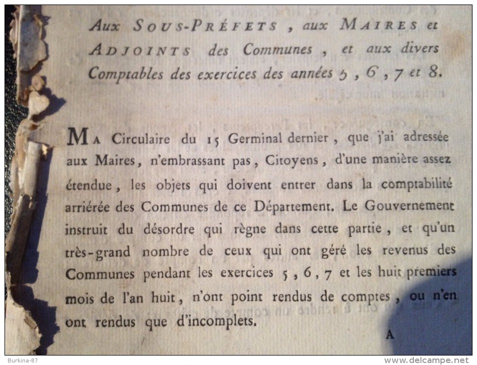 INSTRUCTION POUR LA COMPTABILITÉ DES COMMUNES ,LIMOGES LE PRÉFET, 8 FLORÉAL AN 11 DE LA REPUBLIQUE - Décrets & Lois