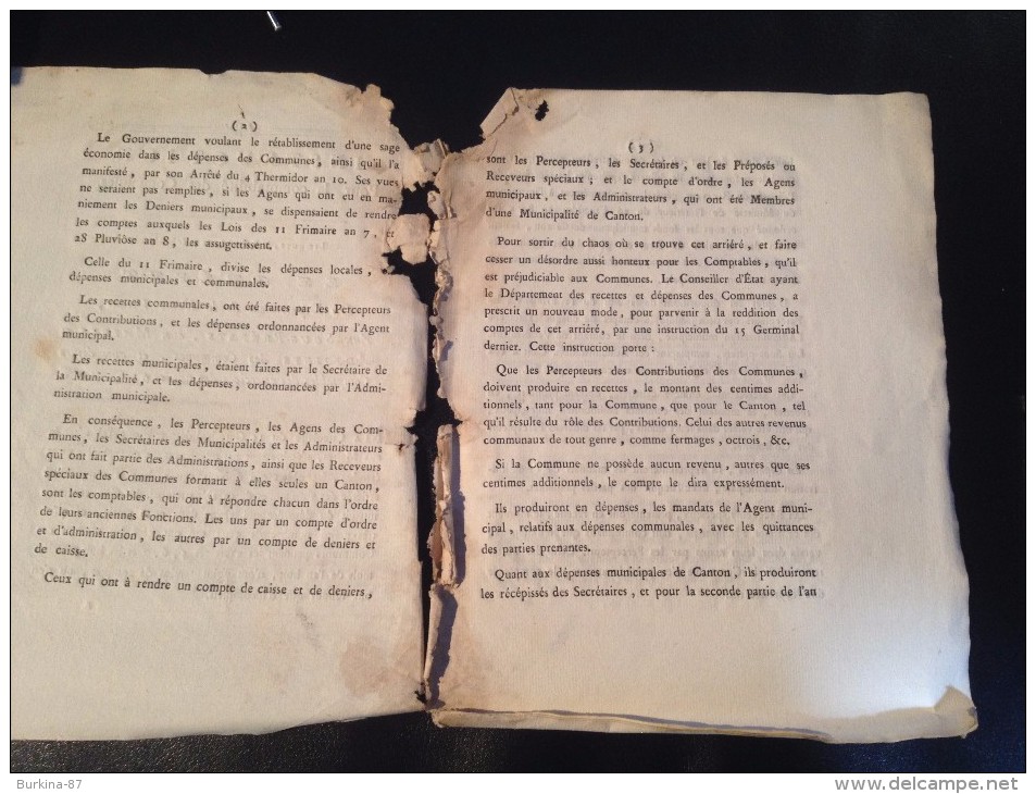 INSTRUCTION POUR LA COMPTABILITÉ DES COMMUNES ,LIMOGES LE PRÉFET, 8 FLORÉAL AN 11 DE LA REPUBLIQUE - Décrets & Lois