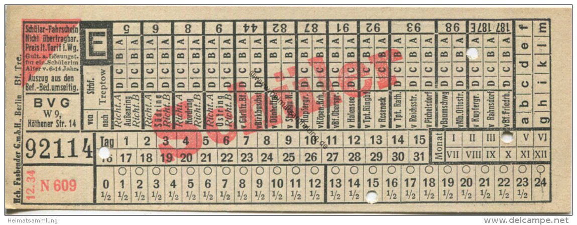 BVG Berlin Köthener Str. 17 - Schüler-Fahrschein 1934 - Europe