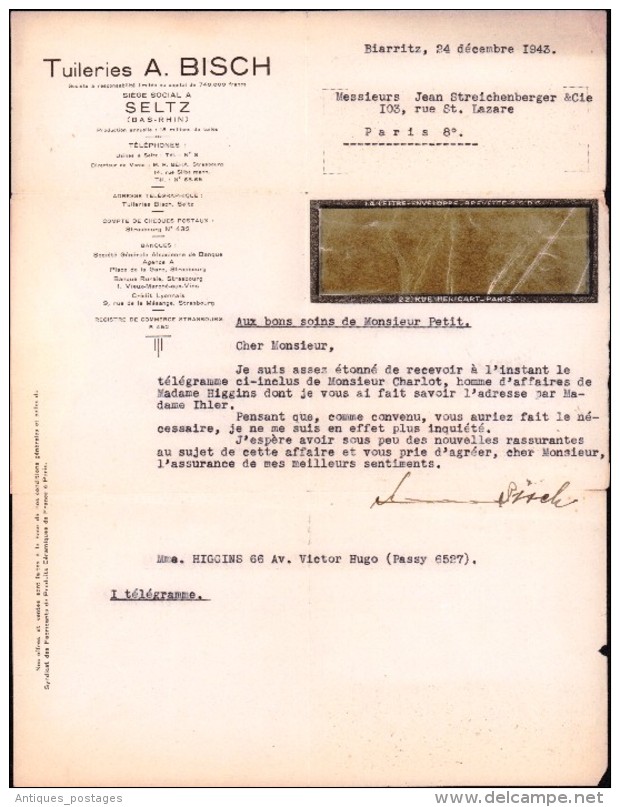 Lettre Recommandée Biarritz 1943 Pétain 4F50 Tuileries A. Bisch Seltz Bas-Rhin Jean Streichenberger & Cie - Brieven En Documenten