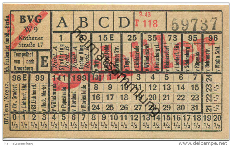 BVG Berlin Köthener Str. 17 - Schüler-Fahrschein 1943 - Europe