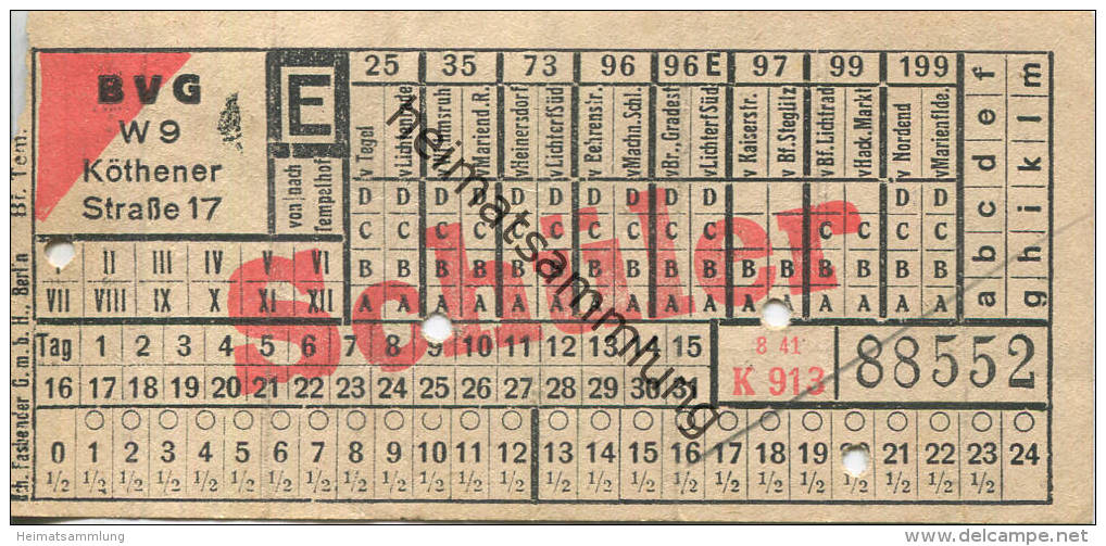 BVG Berlin Köthener Str. 17 - Schüler-Fahrschein 1941 - Europe