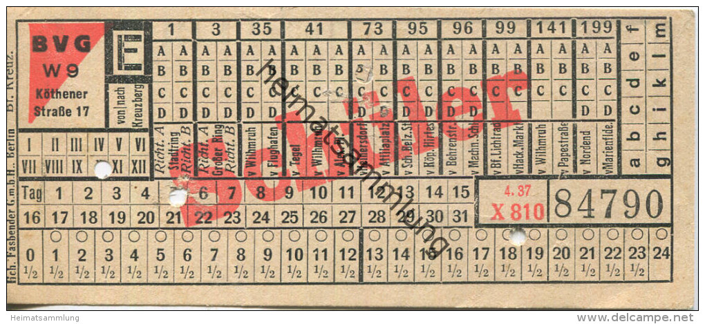 BVG Berlin Köthener Str. 17 - Schüler-Fahrschein 1937 - Europe