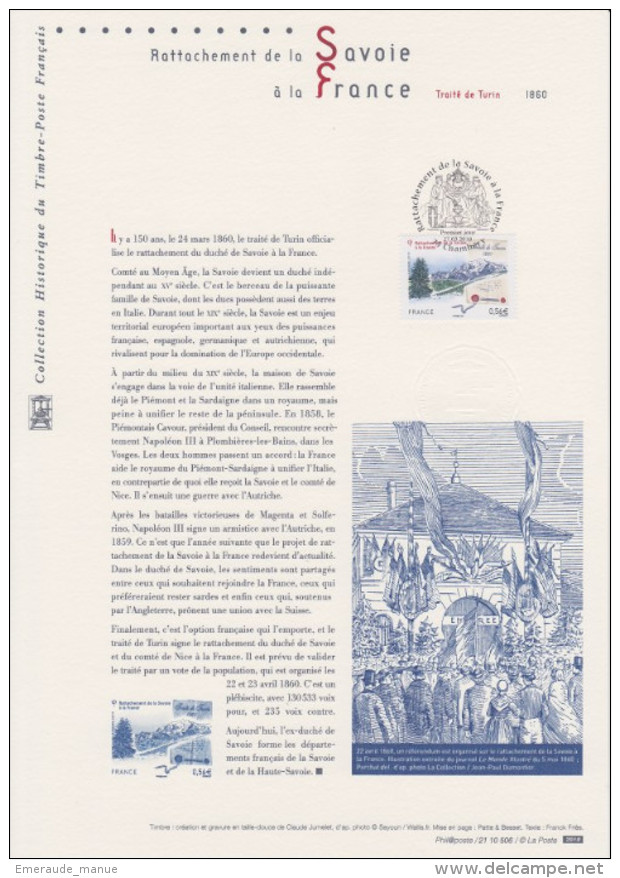 2010 - DOCUMENT PHILATELIQUE OFFICIEL 1er Jour - Traité De Turin 1860 - Rattachement De La Savoie à La France - 2010-2019