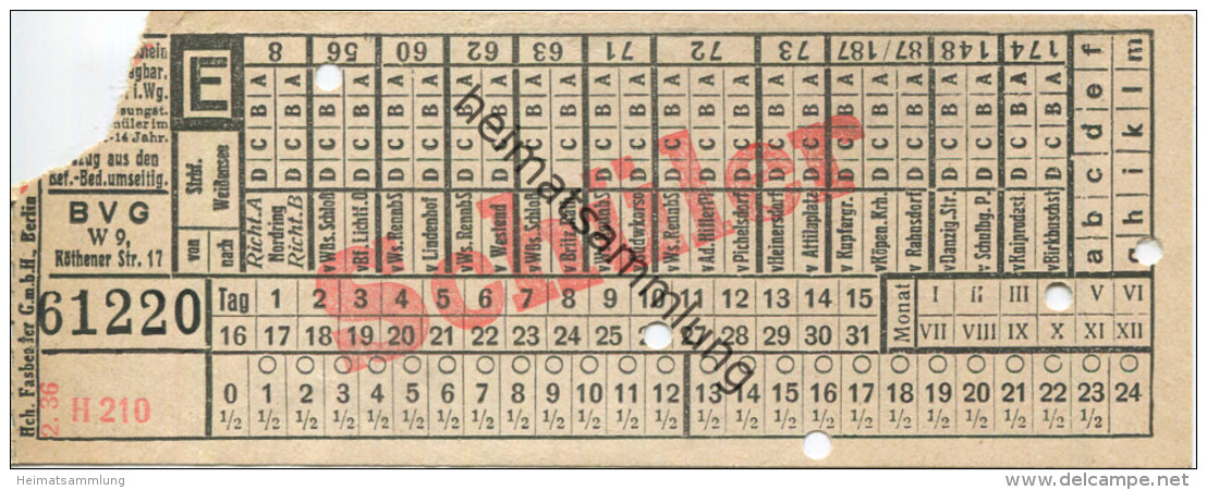 BVG Berlin Köthener Str. 17 - Schüler-Fahrschein 1936 - Europe