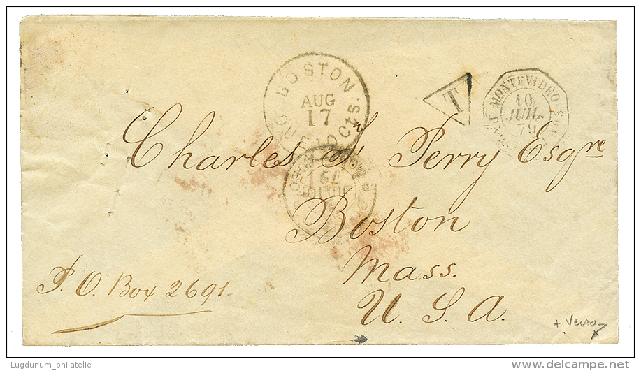 1879 MONTEVIDEO PAQ FR J + "T" On Envelope To BOSTON(USA) Taxed On Arrival With US POSTAGE DUE 5cx2(verso). Vvf. - Uruguay