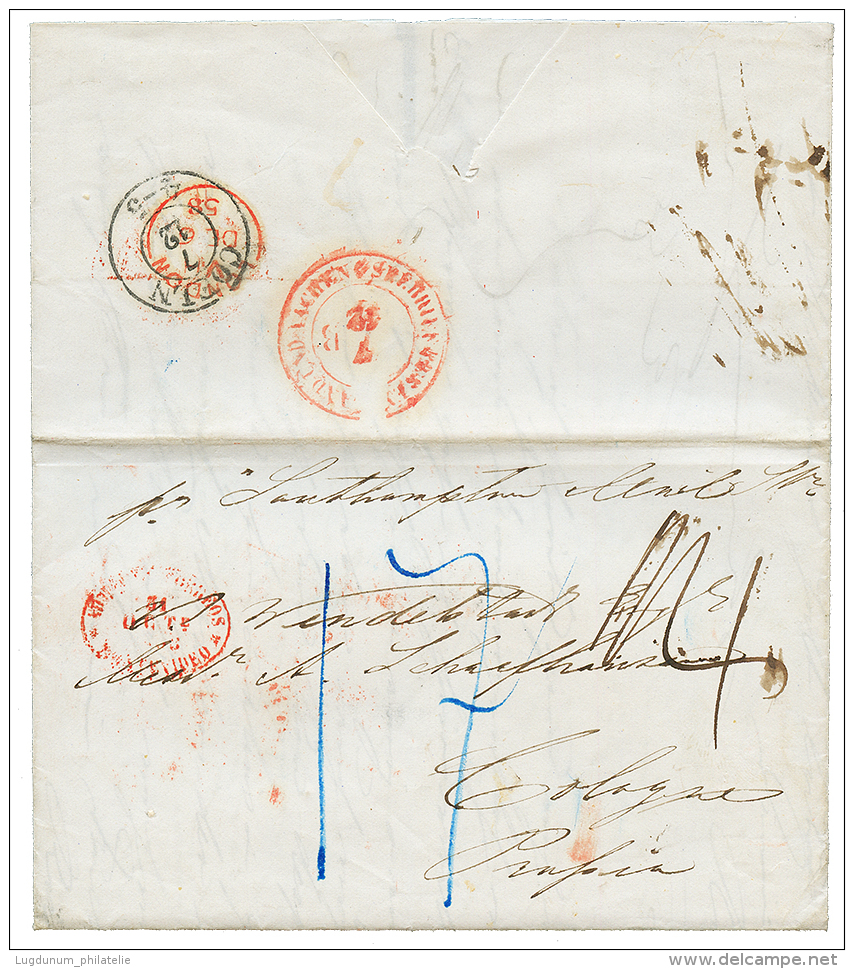 MEHLEM : 1858 ADMON CORREOS MONTEVIDEO In Red On Entire Letter From MEHLEM To GERMANY. Vf. - Uruguay