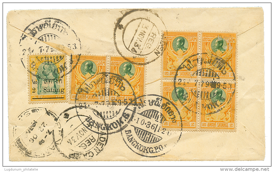 SIAM To ADEN : 1936 2s On 4a + 2s(x6) Canc. BANGKOK On Reverse Of REGISTERED Envelope Via PENANG To ADEN. Rare Destinati - Siam