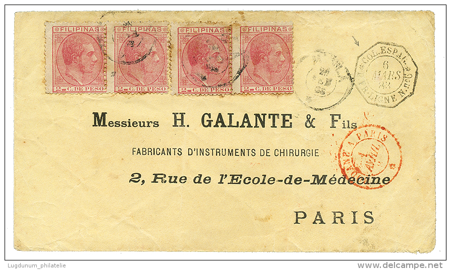 1883 PHILIPPINES 2c(x4) + COL.ESPAG. P.FR. LIGNE N N°6 On Envelope To FRANCE. RARE. Vf. - Philippines