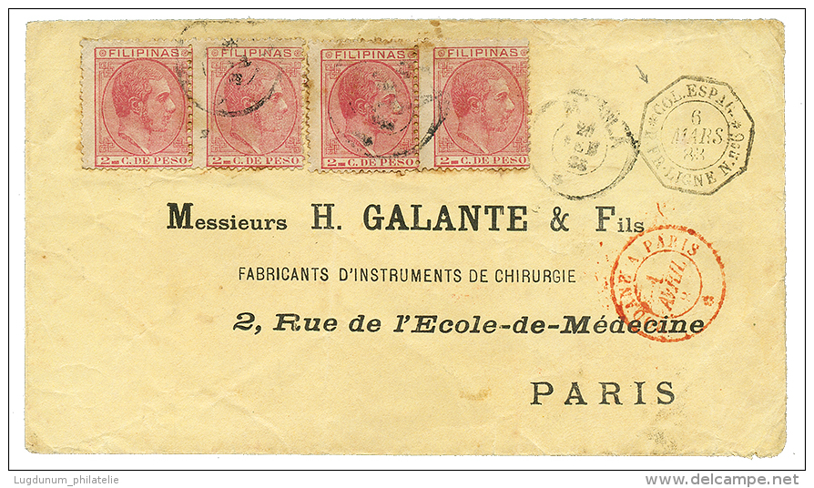 1883 PHILIPPINES 2c(x4) + COL.ESPAG. P.FR. LIGNE N N°6 On Envelope To FRANCE. RARE. Vf. - Filippijnen