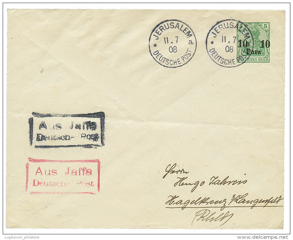 1908 P./Stat 10p Canc. JERUSALEM + Boxed AUS JAFFA In Red And In Black To GERMANY. Scarce. Vvf. - Palestina