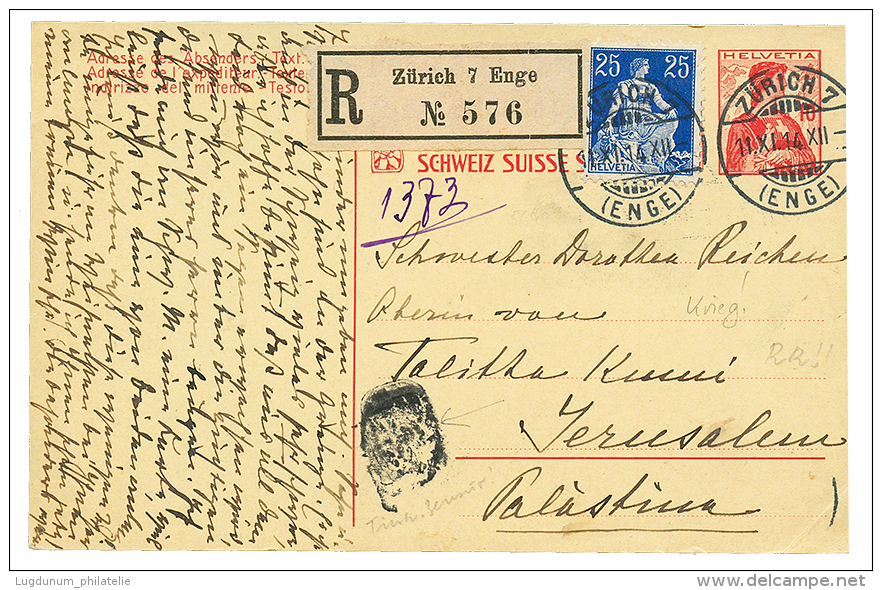 11.11.1914 REGISTERED Card From ZURICH SWITZERLAND To JERUSALEM With Negativ Cachet. Rare Mail During The WAR. Vvf. - Palestine