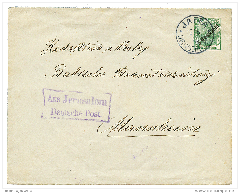 1912 P./Stat 5c Canc. JAFFA + AUS JERUSALEM DEUTSCHE POST In Violet To GERMANY. Printed Matter Rate. Superb. - Palestina