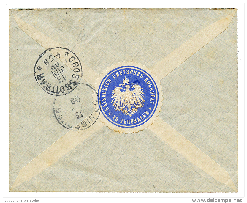 CONSULAR MAIL : 1908 20p On 10pf(x4) On REGISTERED Envelope From JERUSALEM To GERMANY. Verso, Blue Label KAIS. DEUTSCHES - Palestine