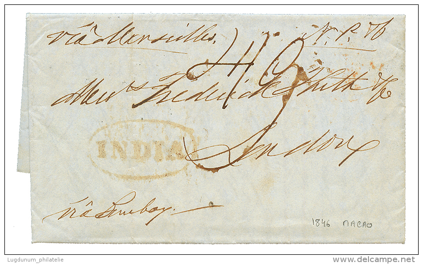 MACAO Via INDIA To UK : 1846 INDIA + BOMBAY SHIPLETTER (verso) + "Per ISLANDS QUEEN" Manus. On Entire Letter From MACAO - Sonstige & Ohne Zuordnung