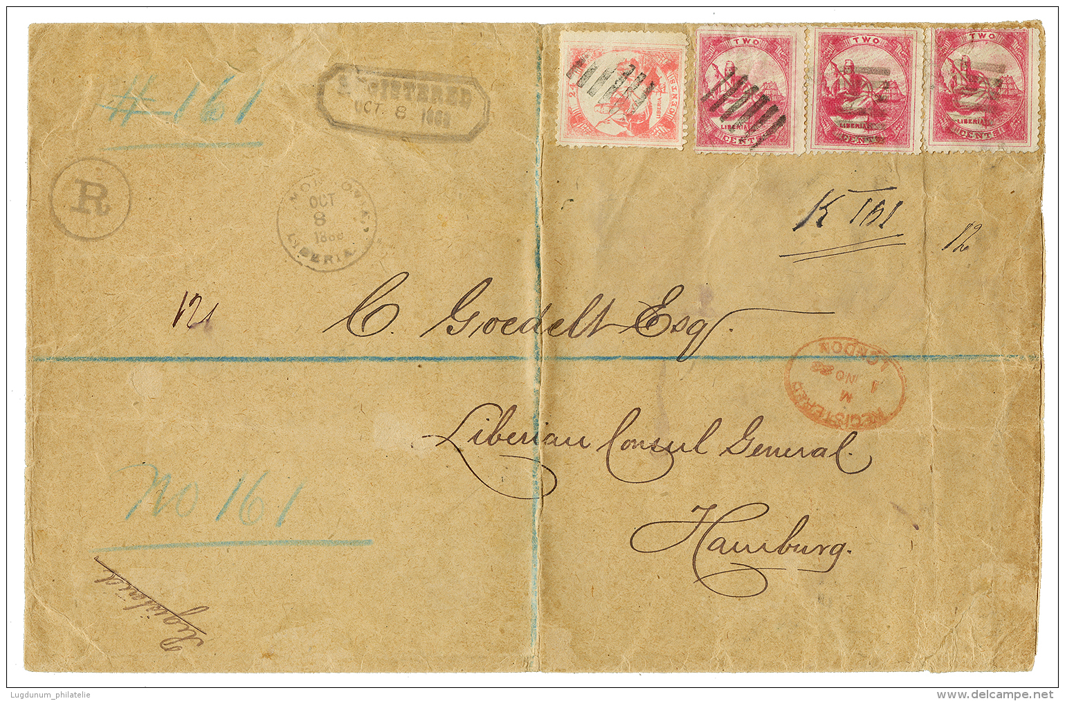 1888 2c(x3) + 24c On REGISTERED Large Envelope From MONROVIA To HAMBURG. Scarce. Vf. - Liberia