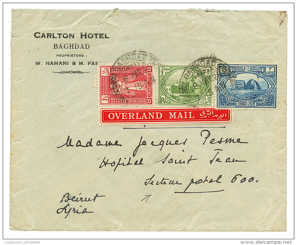 1928 IRAQ 1/2a+ 1 1/2a + 3a + OVERLAND MAIL Red Label Canc. BAGDAD On Envelope To "HOSPITAL ST JEAN, SECTEUR POSTAL 600" - Iraq