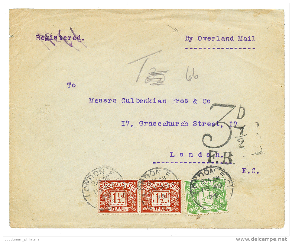 1925 "By OVERLAND MAIL" + GREAT BRITAIN POSTAGE DUE 1/2d+ 1 1/2d(x2) Canc. LONDON On Envelope With IRAQ 4a Canc. BAGDAD - Iraq