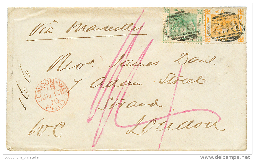 1870 8c + 24c Canc. B62 + HONG-KONG (verso)+ "1/4" Tax Marking On Envelope To ENGLAND. Superb. - Andere & Zonder Classificatie