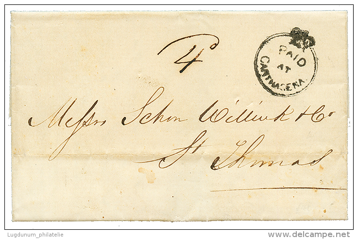 1855 Superb Crown Circle Cachet PAID AT CARTAGENA On Entire Letter To ST THOMAS. Scarce In This Quality. - Kolumbien