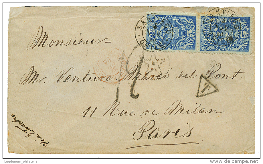 1880 5c(x2) Canc. SANTIAGO CHILE + "12" Tax Marking On Envelope To FRANCE. Vvf. - Chile