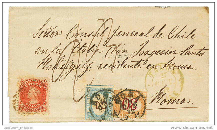 1872 CHILE 5c + TACNA + ITALY 30c + 1L POSTAGE DUE On Cover To ITALY. Scarce. Vvf. - Chile