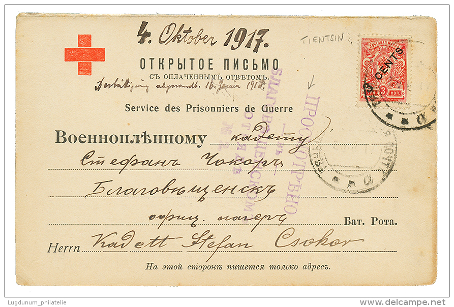1917 3c On 3k Canc. TIENTSIN On RED CROSS Card (recto + Verso) + Violet CENSOR Mark To RUSSIA. Vf. - China