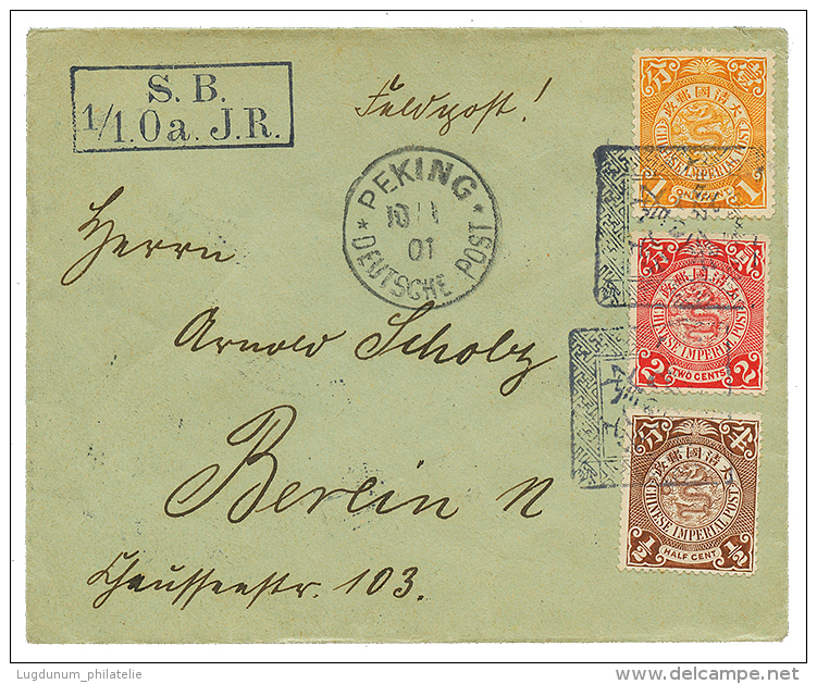 1901 CHINA 1/2c+ 1c+ 2c Canc. Boxed Chinese Cachet + PEKING DEUTSCHE POST On Envelope To BERLIN. Superb. - Other & Unclassified