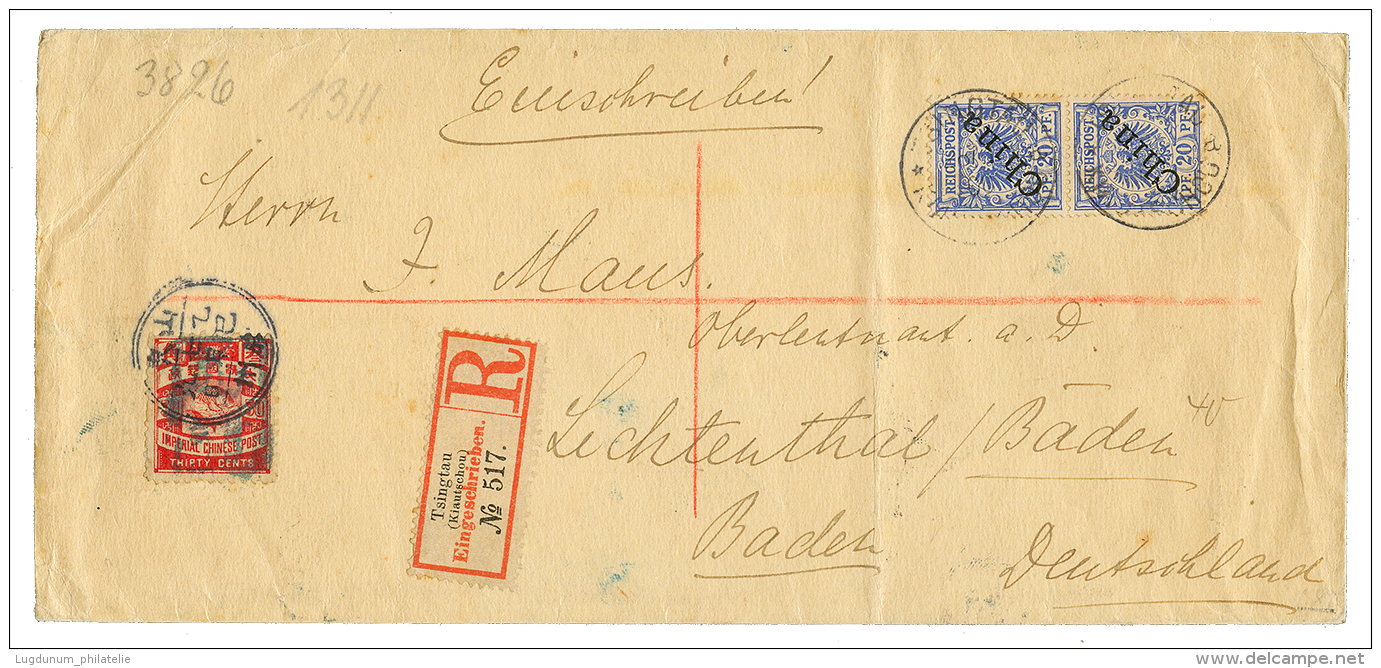 1900 CHINA 30c + GERMAN CHINA 20pf(x2) Canc. TSINGTAU KIAUTSCHOU On REGISTERED Envelope To GERMANU. RARE. Vvf. - Andere & Zonder Classificatie