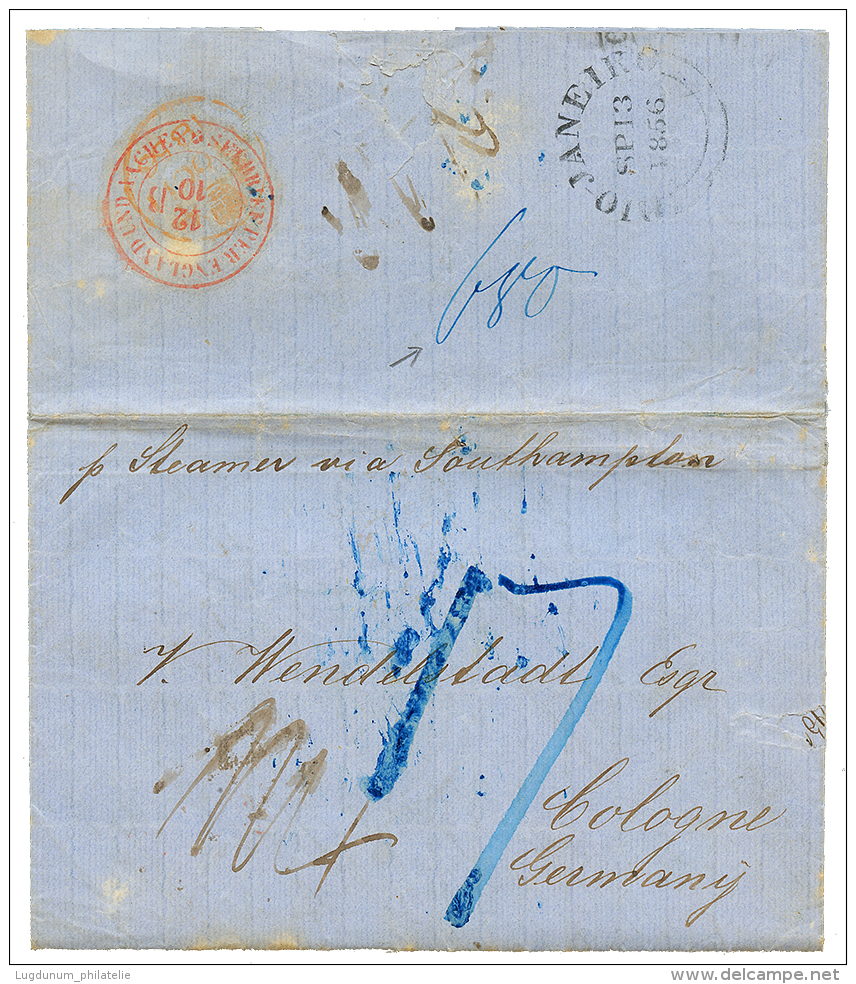 1856 SEEBRIEF PER ENGLAND UND AACHEN In Red + British Cds RIO DE JANEIRO + "680" Tax Marking On Reverse Of Entire Letter - Other & Unclassified