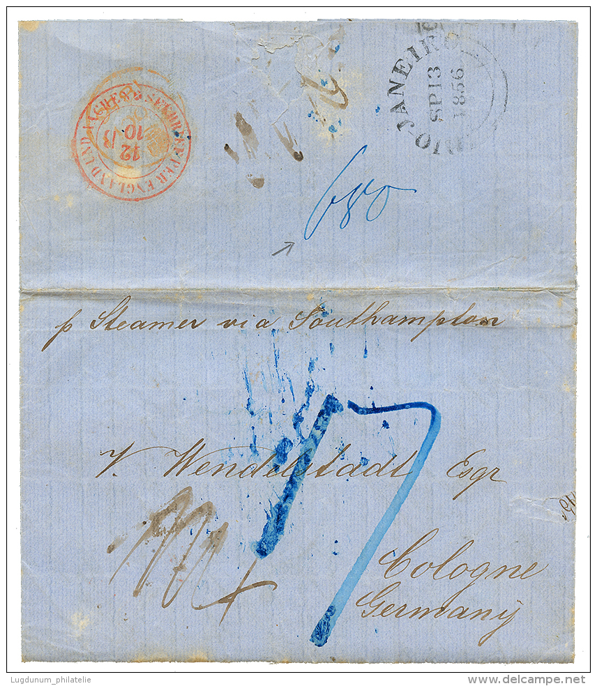 1856 SEEBRIEF PER ENGLAND UND AACHEN In Red + British Cds RIO DE JANEIRO + "680" Tax Marking On Reverse Of Entire Letter - Andere & Zonder Classificatie