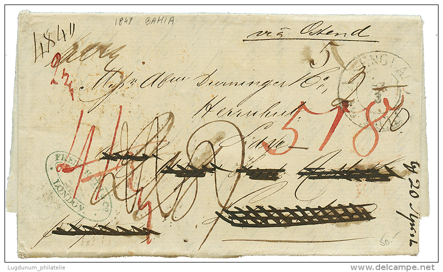 1848 "VIA OSTENDE" + ENGLAND PER ACHEN + Tax Marking + FORWARDING Agent Cachet FREI. HUTT/LONDON On Entire Letter From B - Sonstige & Ohne Zuordnung