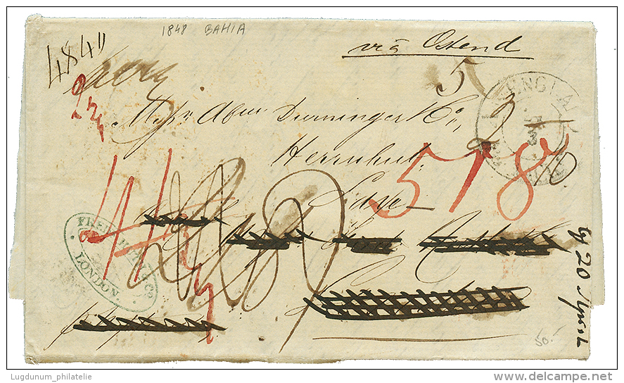 1848 "VIA OSTENDE" + ENGLAND PER ACHEN + Tax Marking + FORWARDING Agent Cachet FREI. HUTT/LONDON On Entire Letter From B - Andere & Zonder Classificatie