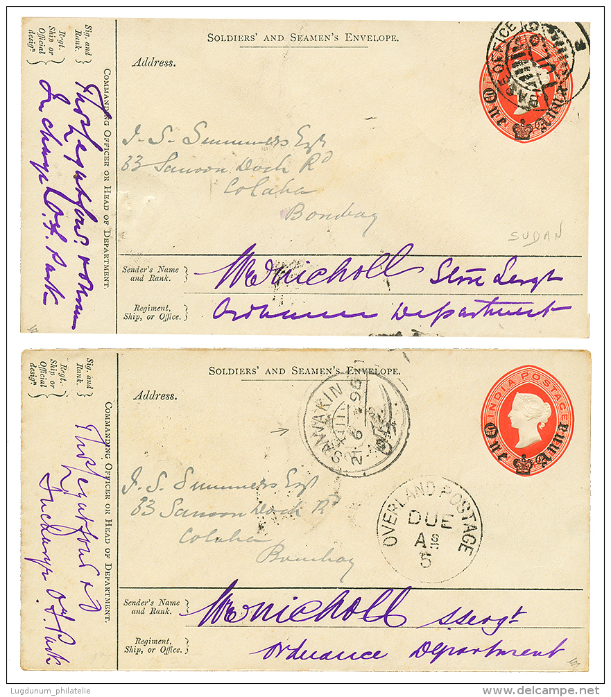 SUDA : 1896 2 Military POSTAL STATIONERY From INDIA Canc. SAWAKIN Or BASSE OFFICE To BOMBAY. Nice Pair. Superb. - Sudan (...-1951)