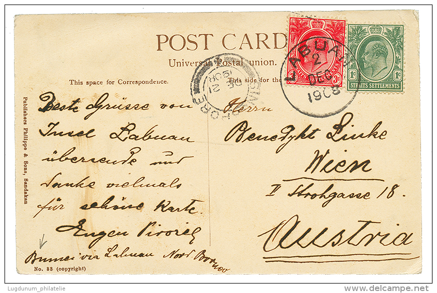 BRUNEI Via LABUAN : 1908 STRAITS SETTLEMENTS 1c + 3c Canc. LABUAN On Card Datelined "BRUNEI Via LABUAN" To AUSTRIA. RARE - Straits Settlements