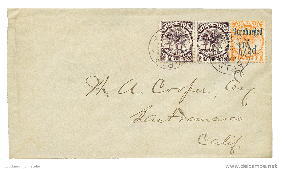 DAVIS POST : 1895 1/2d(x2) + 1 1/2d On 2d Canc. APIA SAMOA On Envelope To SAN FRANCISCO(USA). Vvf. - Samoa