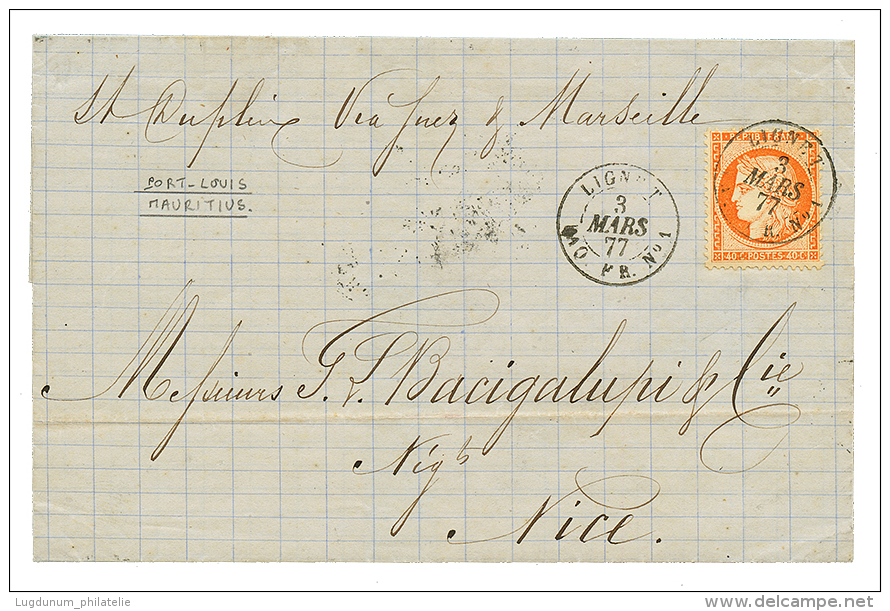 1877 FRANCE 40c Obl. LIGNE T PAQ FR N°1 On Cover From PORT-LOUIS To FRANCE. RARE. Superb. - Mauritius (...-1967)