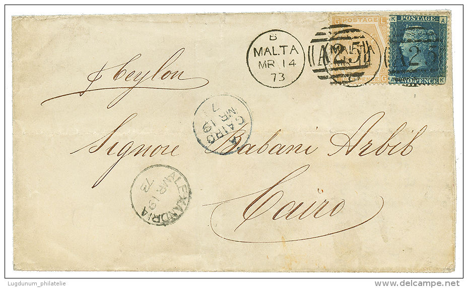 1873 2d + 6d Faults Canc. A25 + MALTA + ALEXANDRIA + CAIRO On Envelope To CAIRO EGYPT. Vf. - Malta (...-1964)