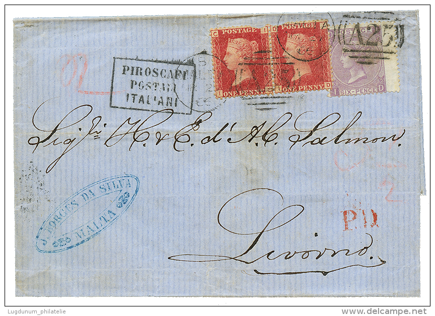 1866 1d(x2) Fault + 6d Canc. A25 + MALTA + PIROSCAFI/POSTALI/ITALIANI On Cover To LIVORNO. Vf. - Malta (...-1964)