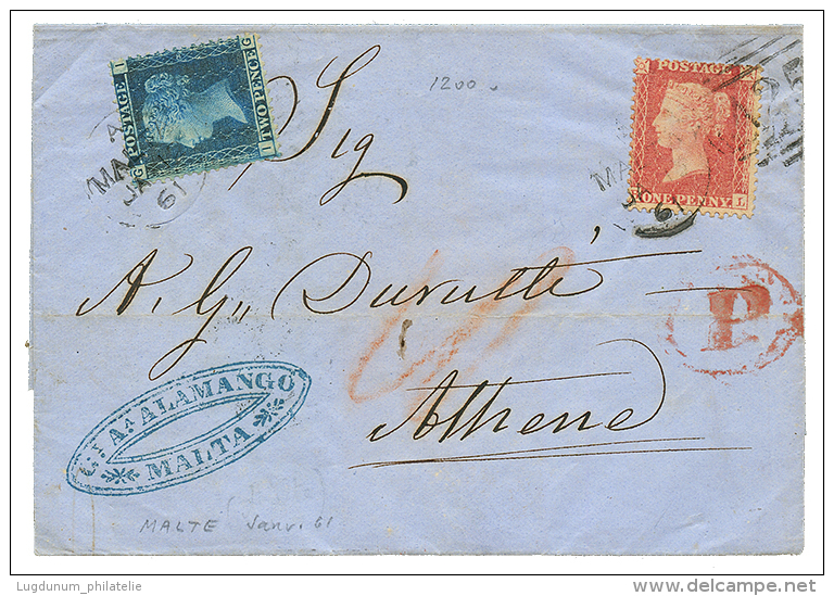 1861 GB 1p + 2d Canc. A25 + MALTA On Entire Letter To ATHENS (GREECE). Vf. - Malta (...-1964)