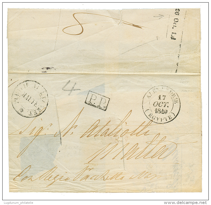 1849 ALEXANDRIE EGYPTE + P.P + PURIFIE AU LAZARET MALTE + Verso Tax Marking "26 Oct. 1.d" On Cover (no Text) Datelined " - Malta (...-1964)