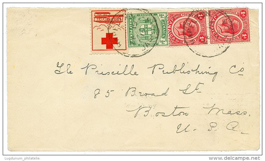 1916 RED CROSS AIRMAIL Label + 1/2d+ 1d(x2) One Short Perf. Canc. HAMILTON On Envelope To USA. Vf. - Jamaica (...-1961)