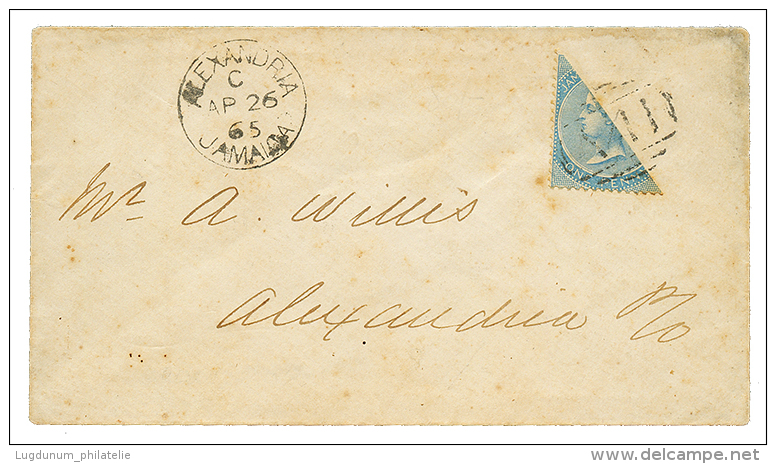 1865 Bisect 1p Canc. A41 + ALEXANDRIA JAMAICA + FALMOUTH JAMAICA(verso) On Envelope To ALEXANDRIA. Rare In This Quality. - Jamaica (...-1961)