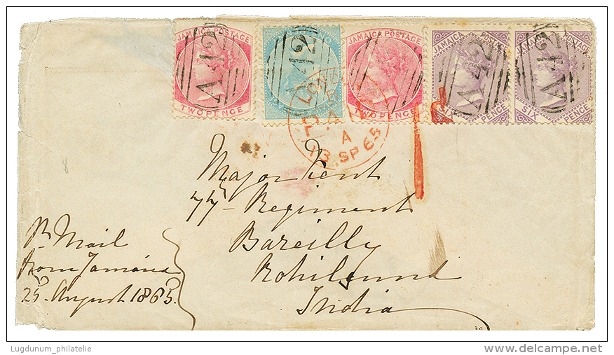 JAMAICA To INDIA : 1865 2d(x2) 1 Copy Fault+ 1d+ 6d(x2) Canc. A42 + GORDON TOWN (verso) On Envelope To INDIA. RARE. Vvf. - Jamaica (...-1961)