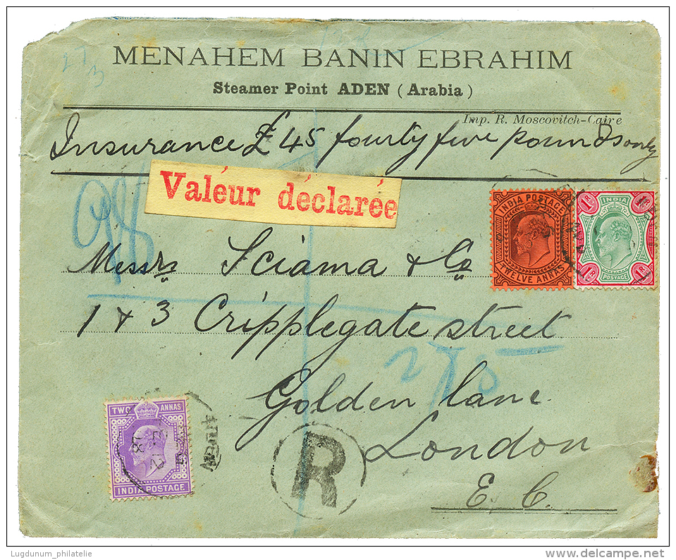 ADEN : 1908 1R (scarce) + 12a + 2a Canc. ADEN + Label VALEUR DECLAREE On REGISTERED Envelope To ENGLAND. RARE. Vf. - Sonstige & Ohne Zuordnung