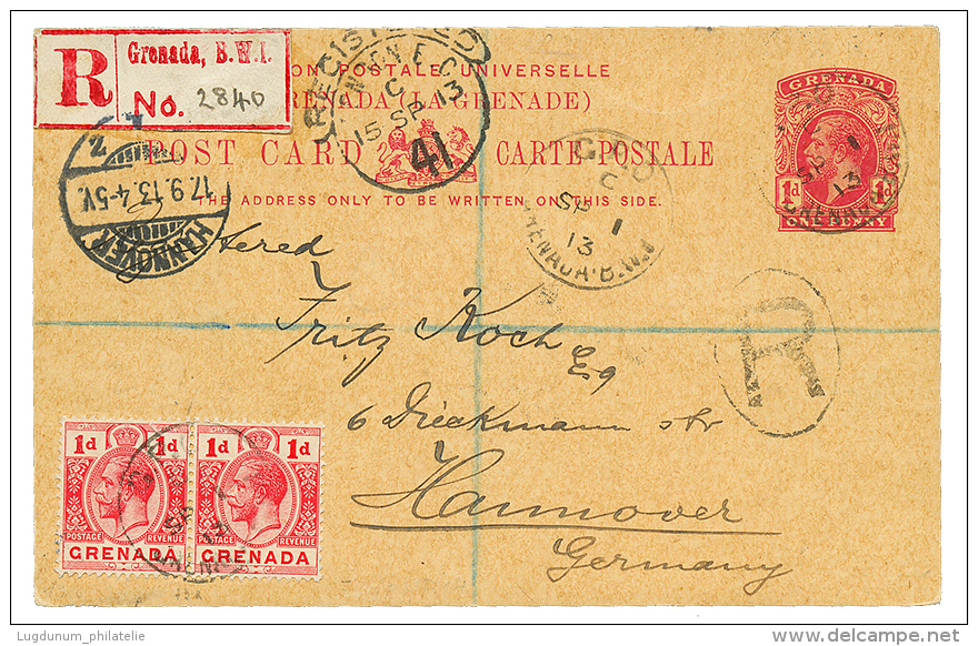 1913 P./Stat 1d + 1d(x2) Canc. GPO GRENADA BWI Sent REGISTERED To GERMANY. Vf. - Grenada (...-1974)