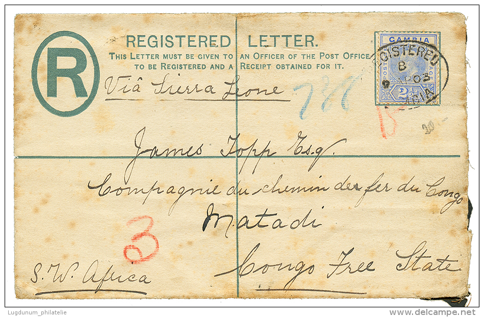 1903 2 1/2d Canc. REGISTERED GAMBIA On REGISTERED LETTER(2d) Via SIERRA-LEONE To MATADI BELGIAN CONGO. Slight Toning. Vf - Gambia (...-1964)