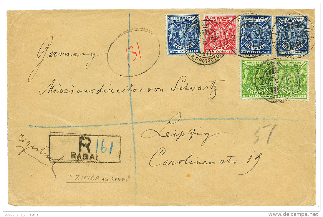 ZIMBA Via RABAI : 1902 BEA 1/2a(x2) + 1a+ 2 1/2a(x3) Canc. RABAI On REGISTERED Envelope To "MISSION HOUSE" LEIPZIG. Vers - Brits Oost-Afrika