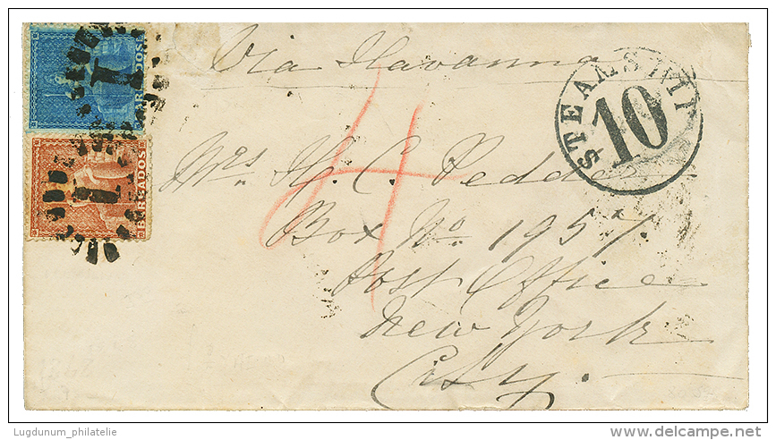 1868 BARBADOS 1d + 4d Canc. 1 + BARBADOES(verso) On Envelope Via HAVANNA To USA. Scarce. Vf. - Barbados (...-1966)